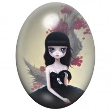 Cabochon en Verre Illustré Jeune Femme Gothique au Corbeau 13x18, 18x25 ou 30x40mm pour la Création de Bijoux Fantaisie - DIY