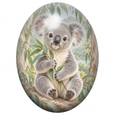 Cabochon en Verre Illustré Bébé Koala avec une Branche d’Eucalyptus 13x18, 18x25 ou 30x40mm pour la Création de Bijoux Fantaisie