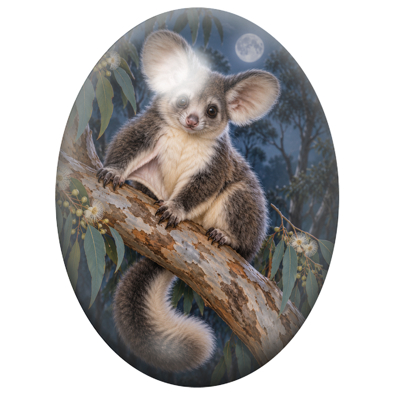 Cabochon en Verre Illustré Opossum sur une Branche au Clair de Lune 13x18, 18x25 ou 30x40mm