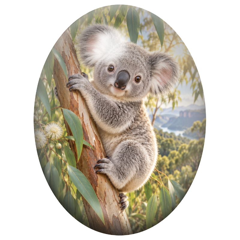 Cabochon en Verre Illustré Koala Accroché à un Eucalyptus 13x18, 18x25 ou 30x40mm