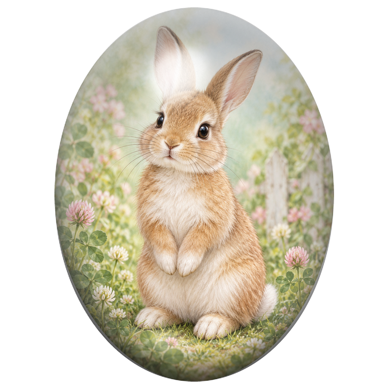 Cabochon en Verre Illustré Lapin Brun dans une Prairie de Trèfle 13x18, 18x25 ou 30x40mm