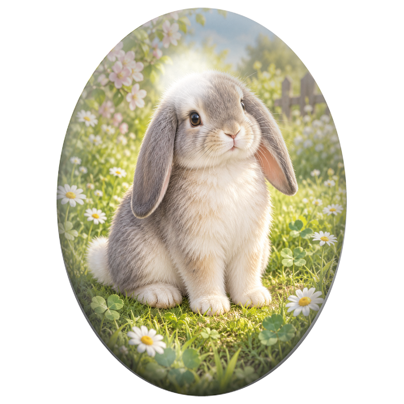 Cabochon en Verre Illustré Lapin Bélier Gris et Blanc sous les Fleurs 13x18, 18x25 ou 30x40mm