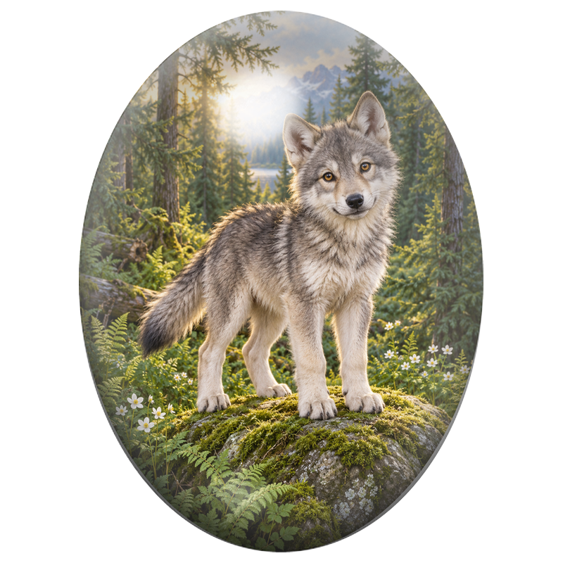 Cabochon en Verre Illustré Loup Gris dans les Montagnes 13x18, 18x25 ou 30x40mm