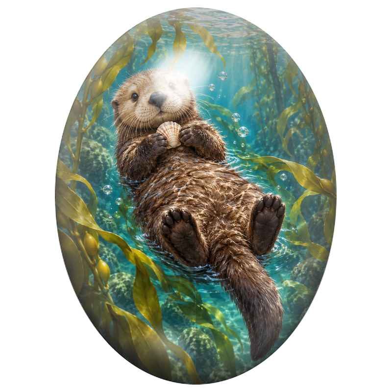 Cabochon en Verre Illustré Loutre de Mer avec un Coquillage 13x18, 18x25 ou 30x40mm