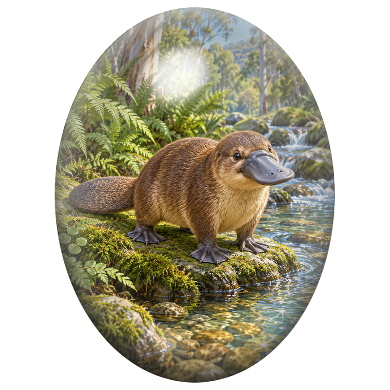 Cabochon en Verre Illustré Ornithorynque au Bord d’un Ruisseau 13x18, 18x25 ou 30x40mm