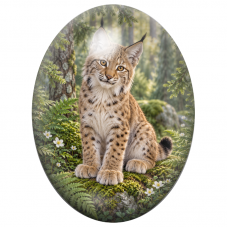 Cabochon en Verre Illustré Jeune Lynx dans un Sous-Bois Fleuri 13x18, 18x25 ou 30x40mm pour la Création de Bijoux Fantaisie - DI