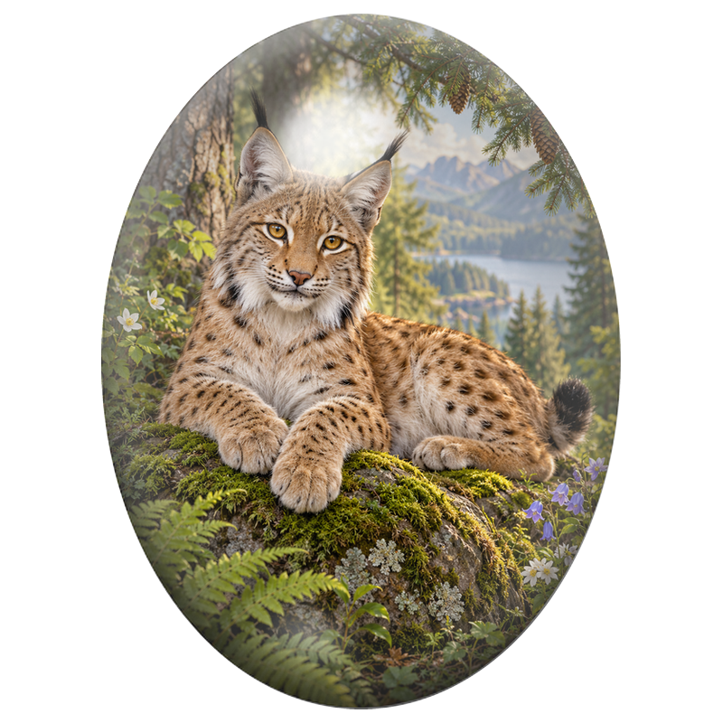 Cabochon en Verre Illustré Lynx Couché face au Lac de Montagne 13x18, 18x25 ou 30x40mm