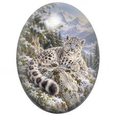 Cabochon en Verre Illustré Jeune Panthère des Neiges sur un Rocher 13x18, 18x25 ou 30x40mm pour la Création de Bijoux Fantaisie 