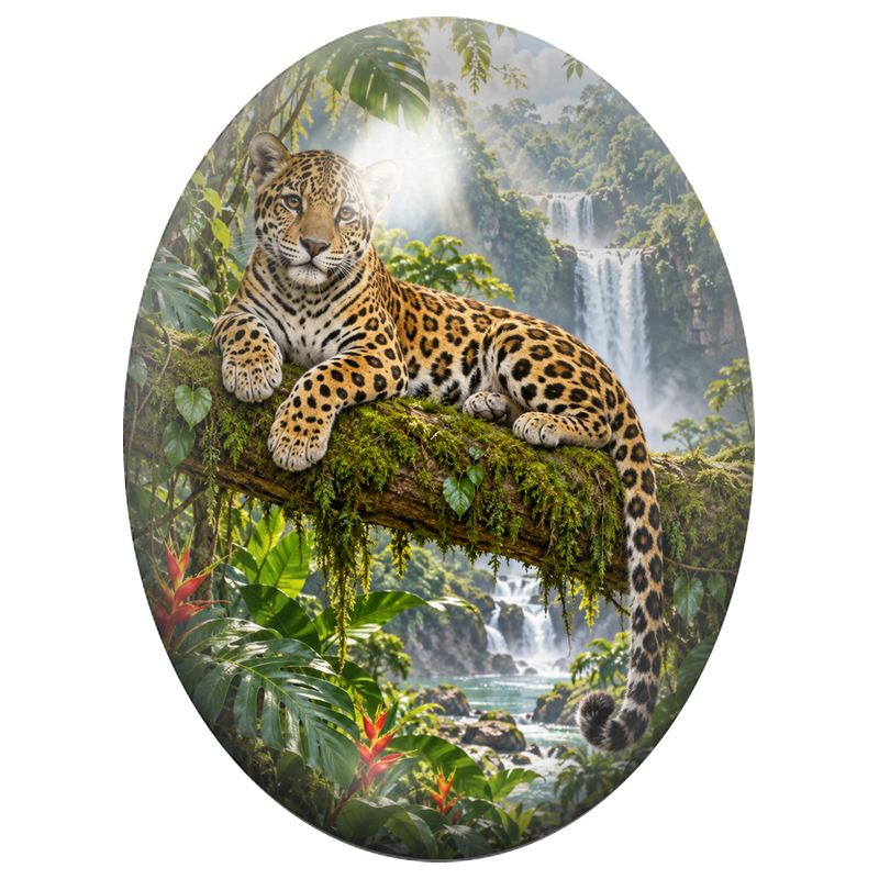 Cabochon en Verre Illustré Léopard Couché près des Cascades Tropicales 13x18, 18x25 ou 30x40mm