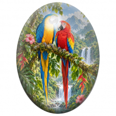 Cabochon en Verre Illustré Couple d’Aras au Bord des Cascades 13x18, 18x25 ou 30x40mm pour la Création de Bijoux Fantaisie - DIY