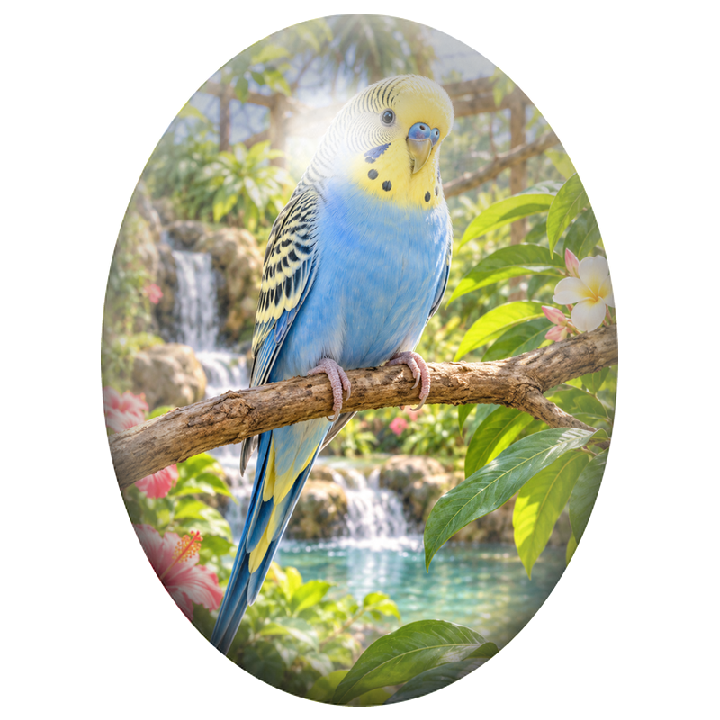 Cabochon en Verre Illustré Perruche Bleue près des Cascades 13x18, 18x25 ou 30x40mm