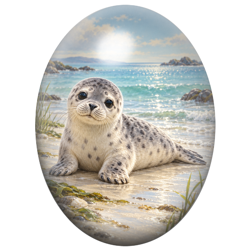 Cabochon en Verre Illustré Jeune Phoque au Bord de la Mer 13x18, 18x25 ou 30x40mm