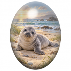 Cabochon en Verre Illustré Phoque sur la Plage au Soleil Couchant 13x18, 18x25 ou 30x40mm pour la Création de Bijoux Fantaisie -