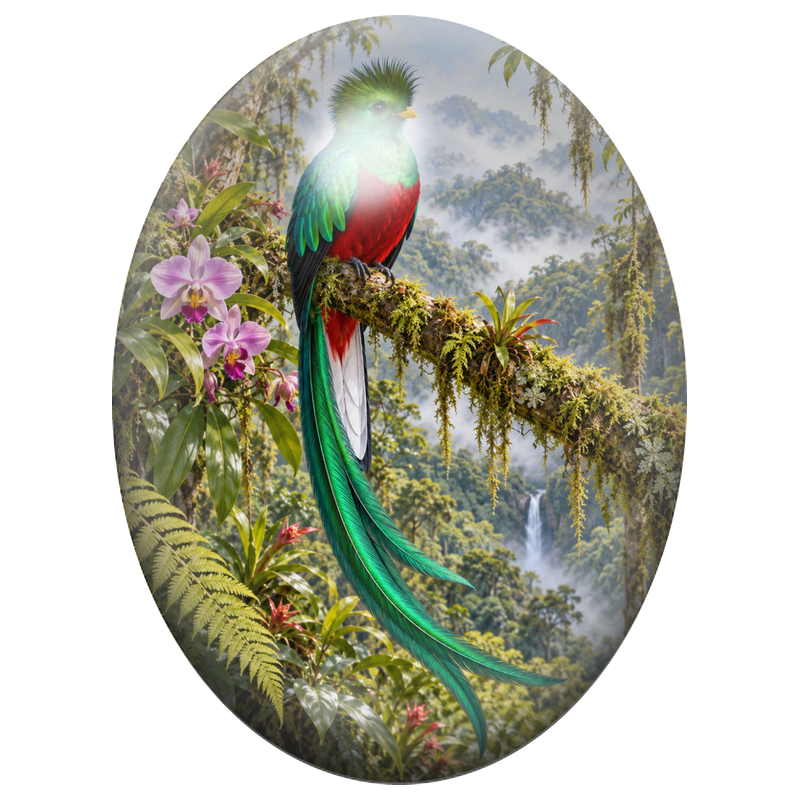 Cabochon en Verre Illustré Quetzal Resplendissant parmi les Orchidées 13x18, 18x25 ou 30x40mm