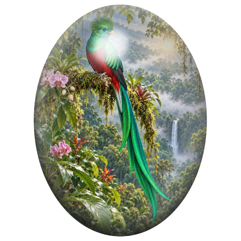 Cabochon en Verre Illustré Quetzal Resplendissant au-dessus de la Vallée 13x18, 18x25 ou 30x40mm