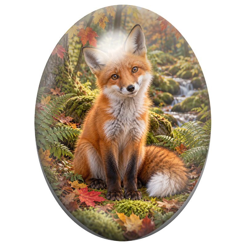 Cabochon en Verre Illustré Renard Roux au Bord du Ruisseau d’Automne 13x18, 18x25 ou 30x40mm