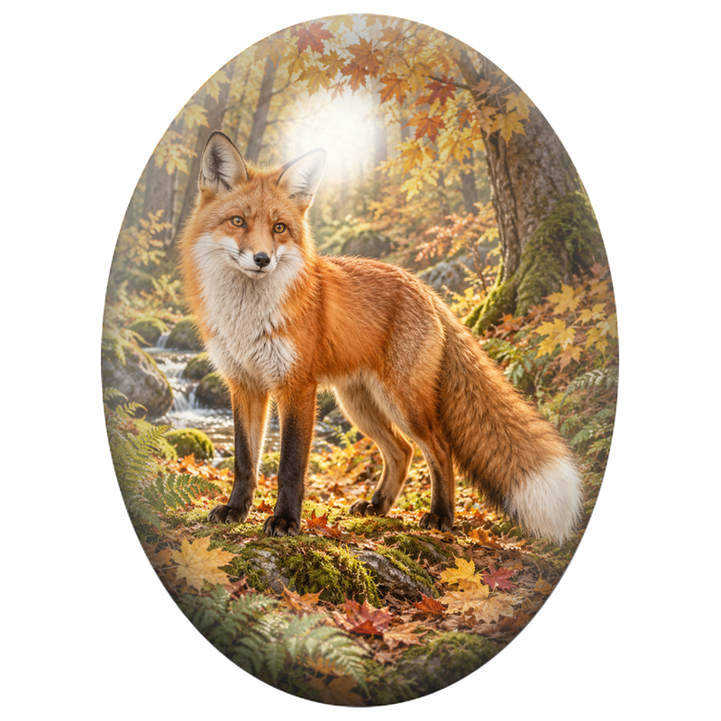 Cabochon en Verre Illustré Renard Roux dans la Forêt d’Automne 13x18, 18x25 ou 30x40mm