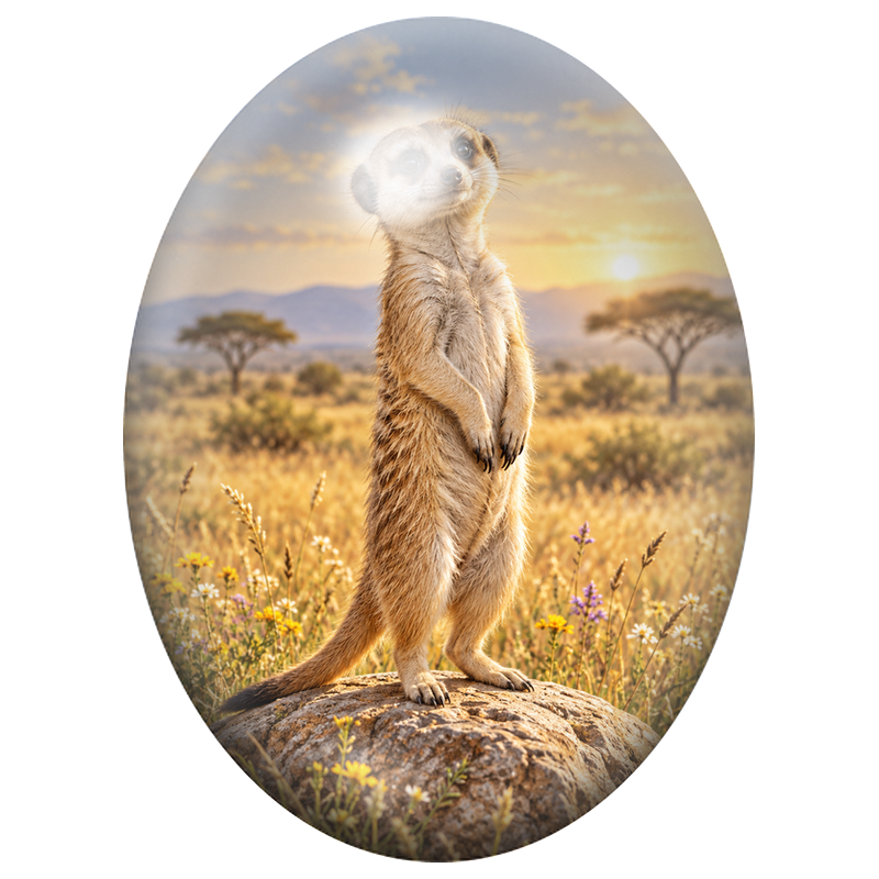 Cabochon en Verre Illustré Suricate Guettant dans la Savane 13x18, 18x25 ou 30x40mm