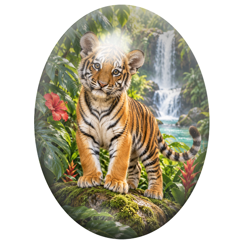 Cabochon en Verre Illustré Tigreau Assis près d’une Cascade 13x18, 18x25 ou 30x40mm