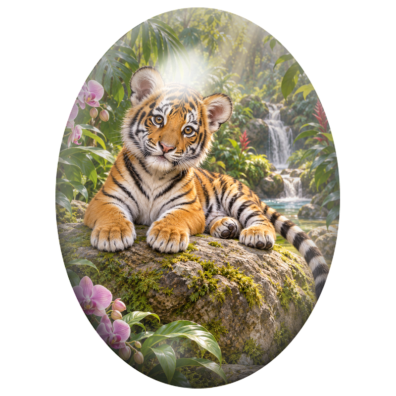 Cabochon en Verre Illustré Tigreau Couché parmi les Orchidées 13x18, 18x25 ou 30x40mm