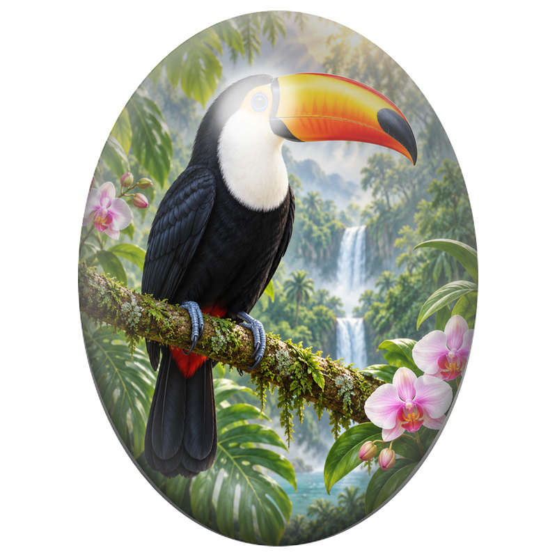 Cabochon en Verre Illustré Toucan Toco parmi les Orchidées 13x18, 18x25 ou 30x40mm