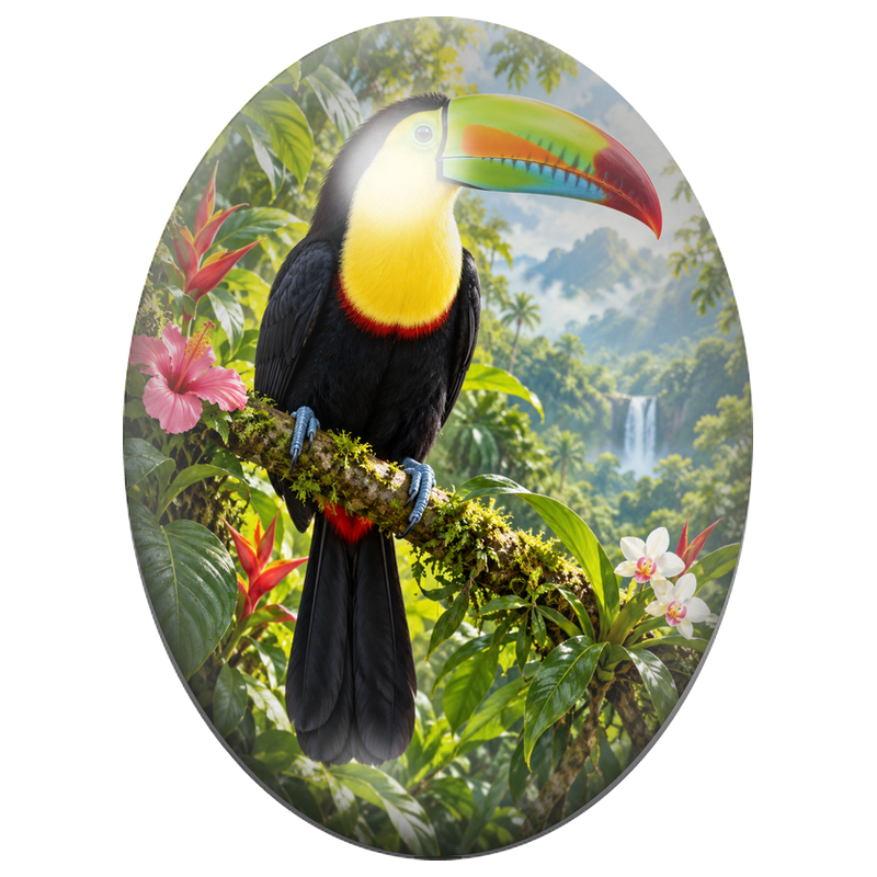 Cabochon en Verre Illustré Toucan à Gorge Jaune parmi les Hibiscus 13x18, 18x25 ou 30x40mm