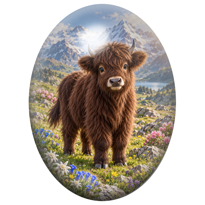Cabochon en Verre Illustré Veau Highland Brun en Montagne 13x18, 18x25 ou 30x40mm