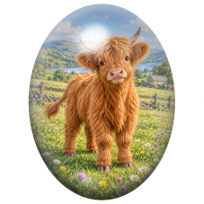 Cabochon en Verre Illustré Veau Highland Roux dans la Prairie 13x18, 18x25 ou 30x40mm pour la Création de Bijoux Fantaisie - DIY