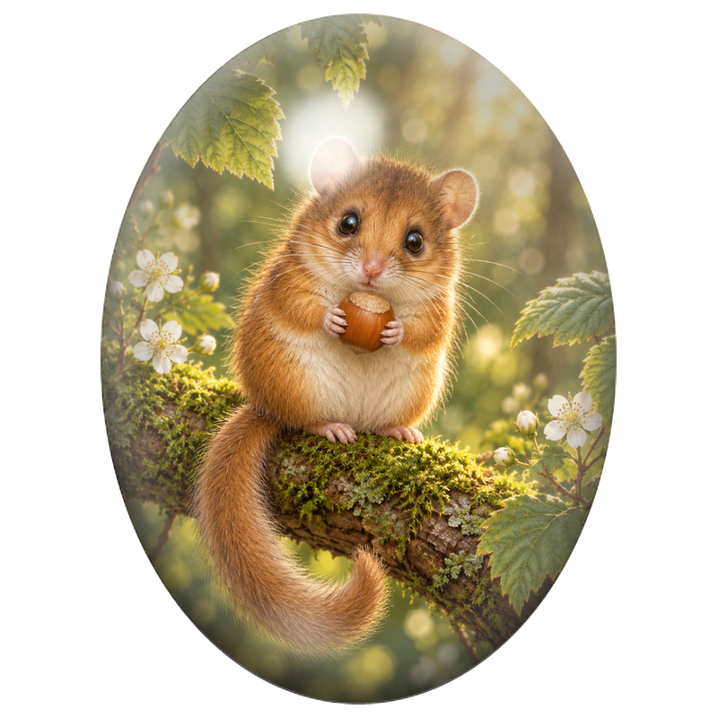 Cabochon en Verre Illustré Loir avec une Noisette sur une Branche 13x18, 18x25 ou 30x40mm