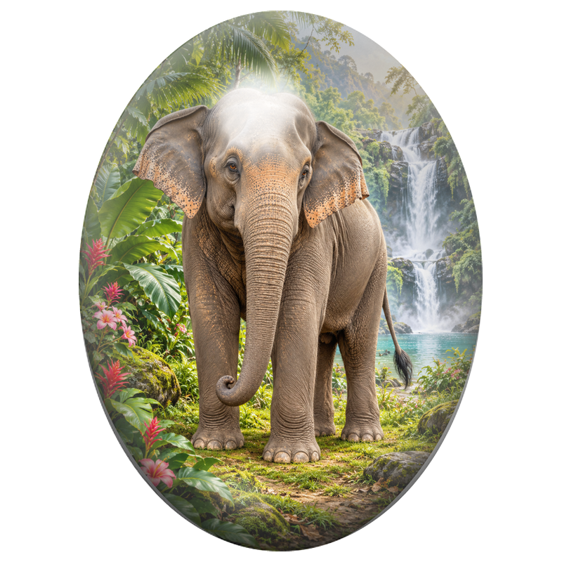 Cabochon en Verre Illustré Éléphant d’Asie près des Cascades Tropicales 13x18, 18x25 ou 30x40mm
