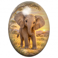 Cabochon en Verre Illustré Éléphanteau dans la Savane Dorée 13x18, 18x25 ou 30x40mm pour la Création de Bijoux Fantaisie - DIY