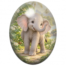 Cabochon en Verre Illustré Éléphanteau Souriant dans un Jardin Tropical 13x18, 18x25 ou 30x40mm pour la Création de Bijoux Fanta