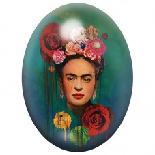 Cabochon en Verre Illustré Frida Kahlo aux Roses sur Fond Vert 13x18, 18x25 ou 30x40mm pour la Création de Bijoux Fantaisie - DI
