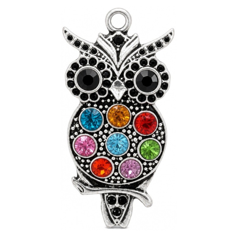 Breloque Hibou Argenté avec Strass 48x24mm