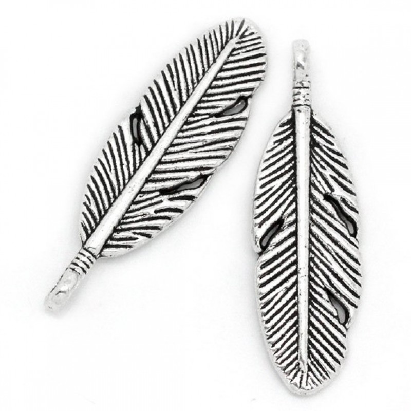5 Breloques Plume Argentée 30x9mm