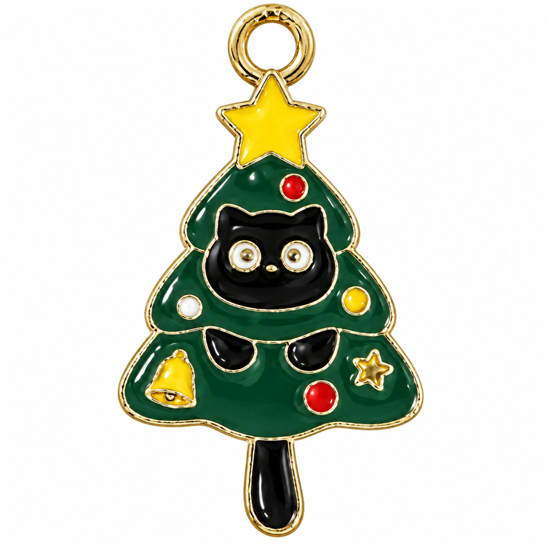 2 Breloques Chat dans le Sapin de Noël en Émail Métal Doré 25x15mm