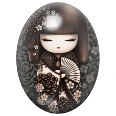 Cabochon en Verre Illustré Kokeshi Noire aux Chrysanthèmes et à l’Éventail 13x18, 18x25 ou 30x40mm pour la Création de Bijoux
