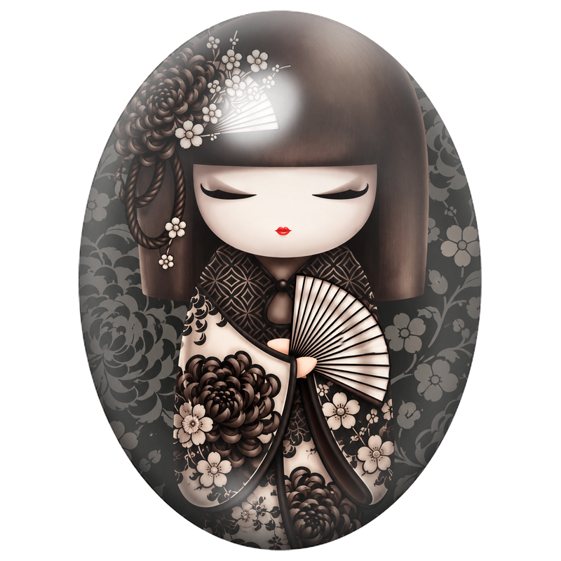 Cabochon en Verre Illustré Kokeshi Noire aux Chrysanthèmes et à l’Éventail 13x18, 18x25 ou 30x40mm