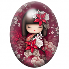 Cabochon en Verre Illustré Kokeshi Rouge aux Lys et Pivoines 13x18, 18x25 ou 30x40mm pour la Création de Bijoux Fantaisie - DIY