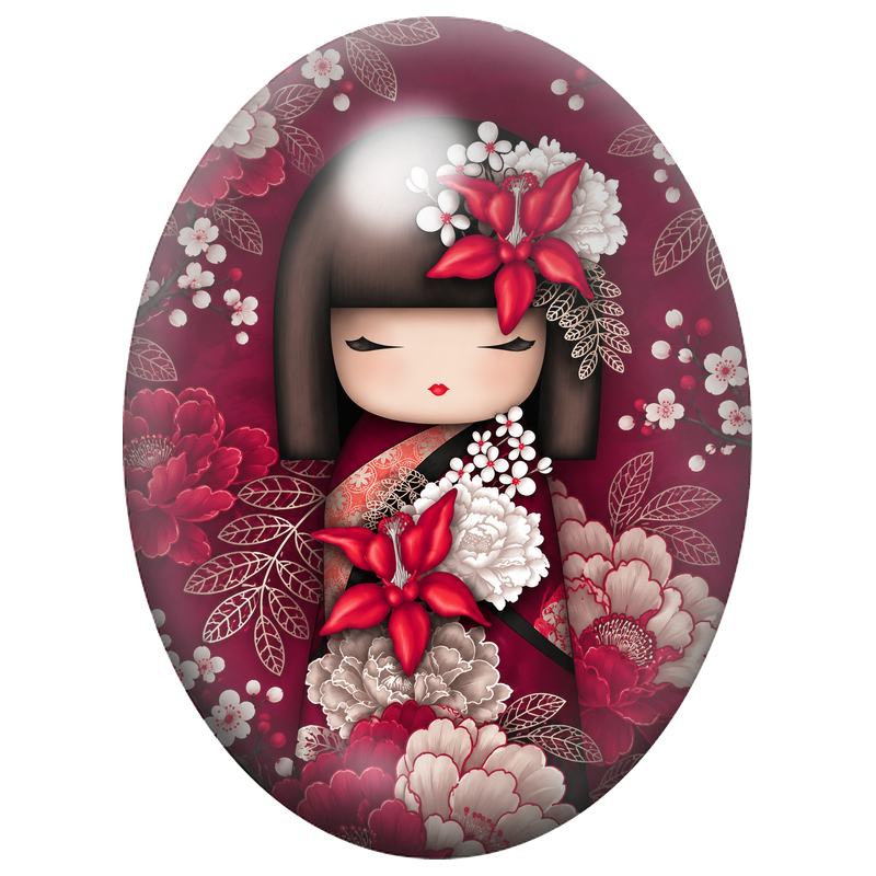 Cabochon en Verre Illustré Kokeshi Rouge aux Lys et Pivoines 13x18, 18x25 ou 30x40mm