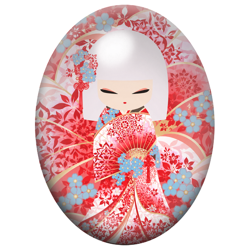Cabochon en Verre Illustré Kokeshi Blanche à l’Éventail Fleuri 13x18, 18x25 ou 30x40mm