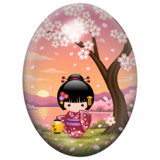 Cabochon en Verre Illustré Petite Kokeshi au Lampion sous les Cerisiers 13x18, 18x25 ou 30x40mm pour la Création de Bijoux