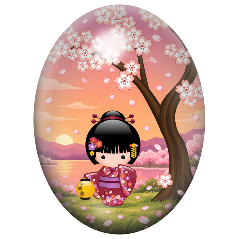 Cabochon en Verre Illustré Petite Kokeshi au Lampion sous les Cerisiers 13x18, 18x25 ou 30x40mm