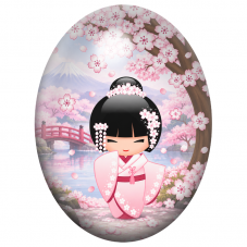 Cabochon en Verre Illustré Kokeshi Rose au Mont Fuji et aux Cerisiers 13x18, 18x25 ou 30x40mm pour la Création de Bijoux