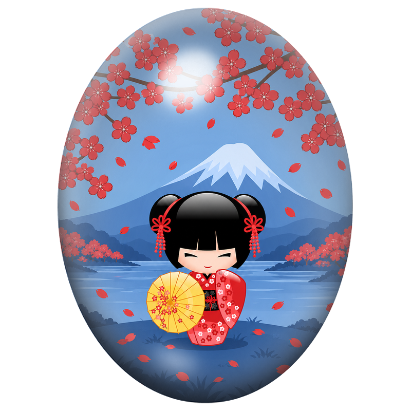 Cabochon en Verre Illustré Kokeshi Rouge à l’Ombrelle devant le Mont Fuji 13x18, 18x25 ou 30x40mm