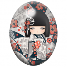 Cabochon en Verre Illustré Kokeshi Noire et Blanche aux Fleurs Rouges 13x18, 18x25 ou 30x40mm pour la Création de Bijoux