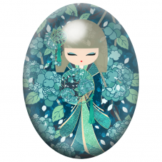 Cabochon en Verre Illustré Kokeshi Turquoise aux Hortensias 13x18, 18x25 ou 30x40mm pour la Création de Bijoux Fantaisie - DIY