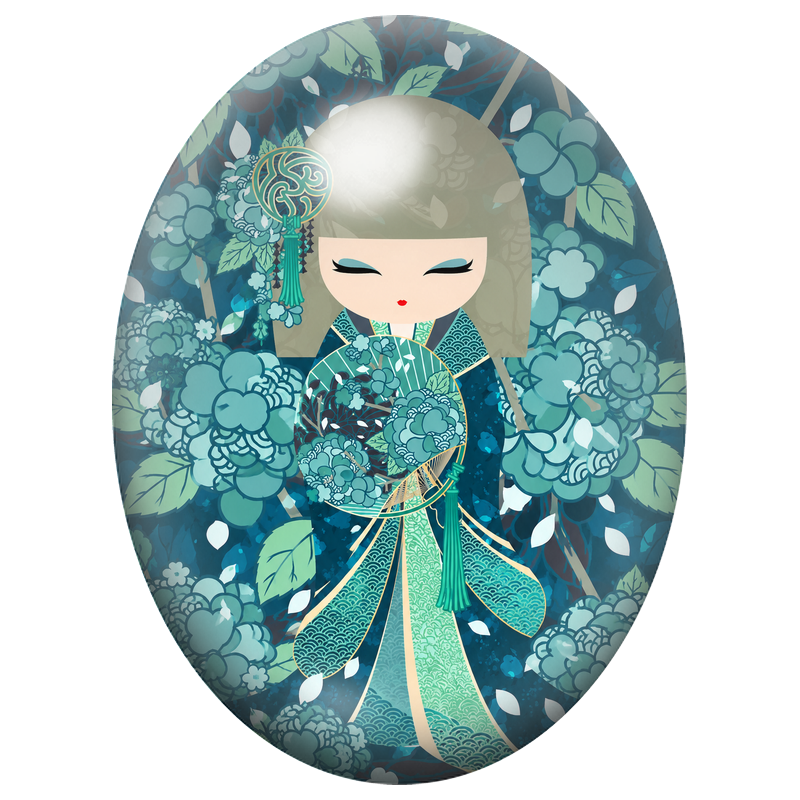 Cabochon en Verre Illustré Kokeshi Turquoise aux Hortensias 13x18, 18x25 ou 30x40mm