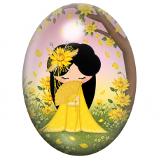 Cabochon en Verre Illustré Kokeshi Jaune au Lotus et à l’Éventail 13x18, 18x25 ou 30x40mm pour la Création de Bijoux Fantaisie