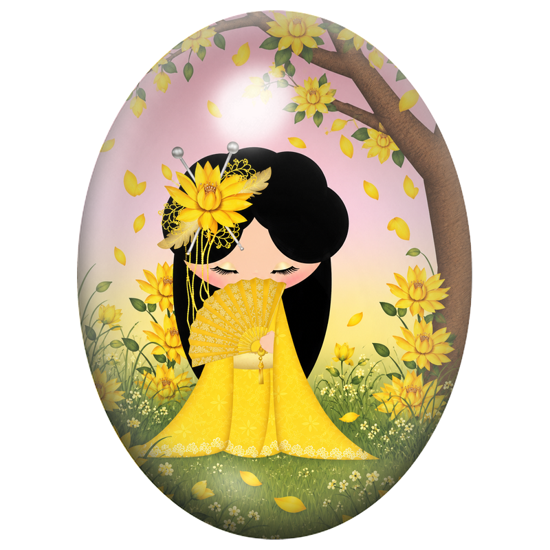 Cabochon en Verre Illustré Kokeshi Jaune au Lotus et à l’Éventail 13x18, 18x25 ou 30x40mm